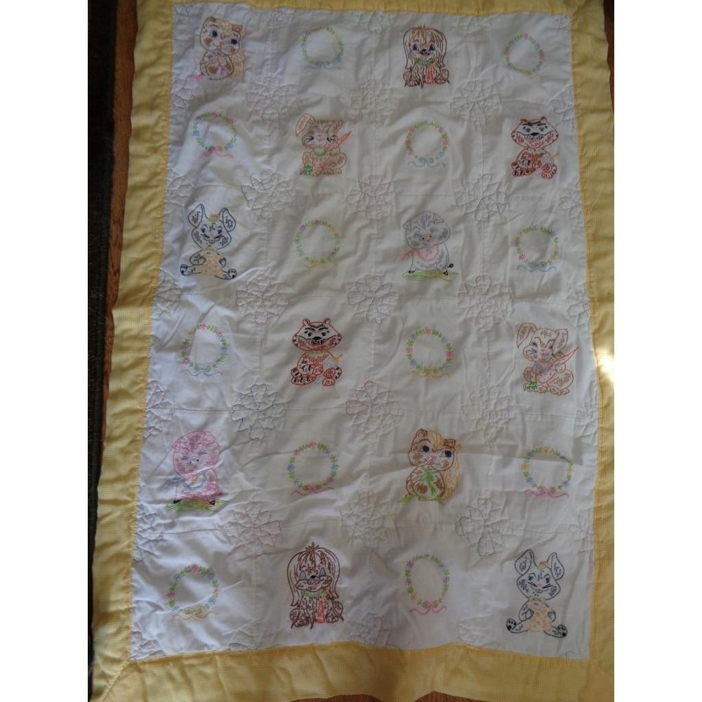 Handmade Quilt Cross Stitched Animals Baby Crib 38" x 55"